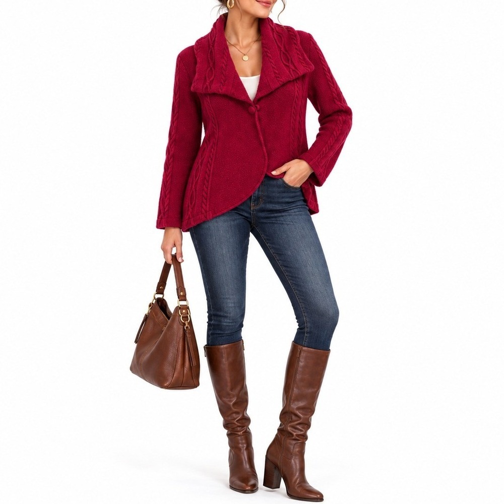 Marisa Christina Cardigan Women L Magenta Wool Cable Knit Shawl Collar Sweater